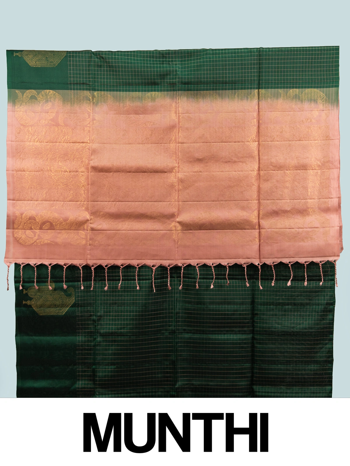 Dark green Kanchipuram pure mix saree with gold zari checks and contrast peach zari border and pallu