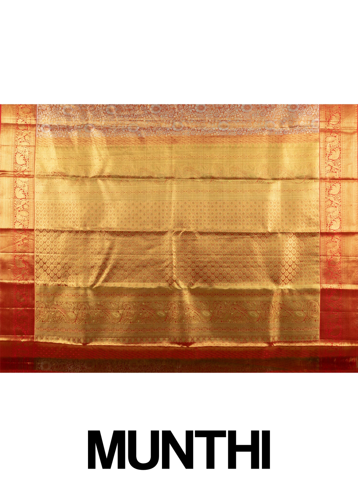 Golden orange and red pure Kanchipuram silk saree with gold zari floral brocade and contrast red peacock border