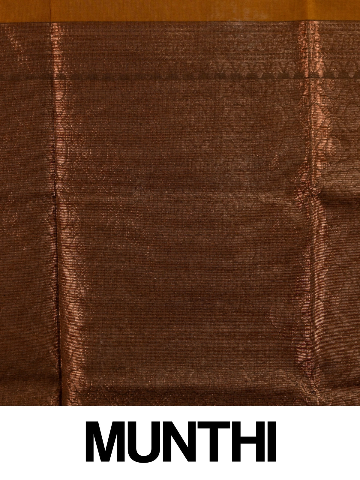 Mustard silk cotton saree with contrast dark brown copper zari border and woven buttas