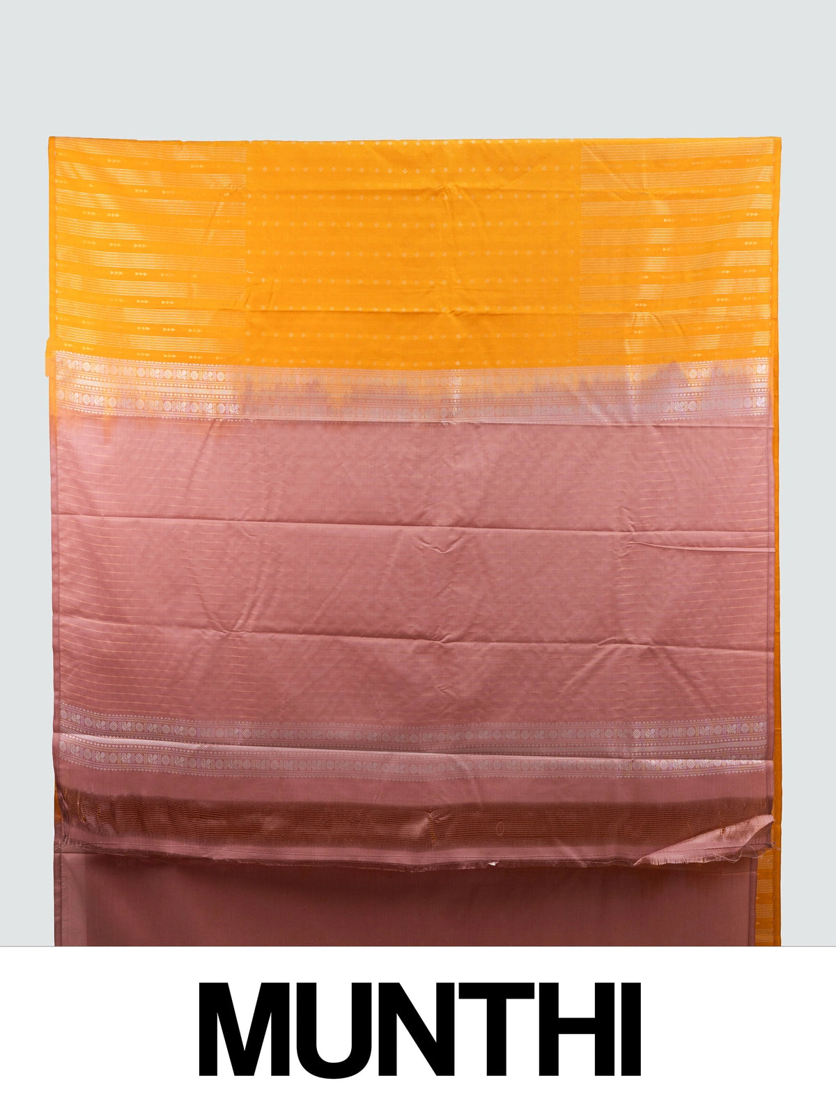 Mustard yellow semi silk saree with silver zari stripes and contrast dusty pink border and pallu