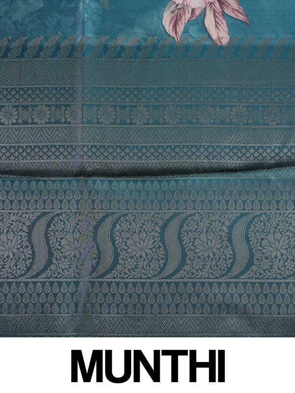 Teal blue semi tussar saree with multicolour floral print and silver zari border