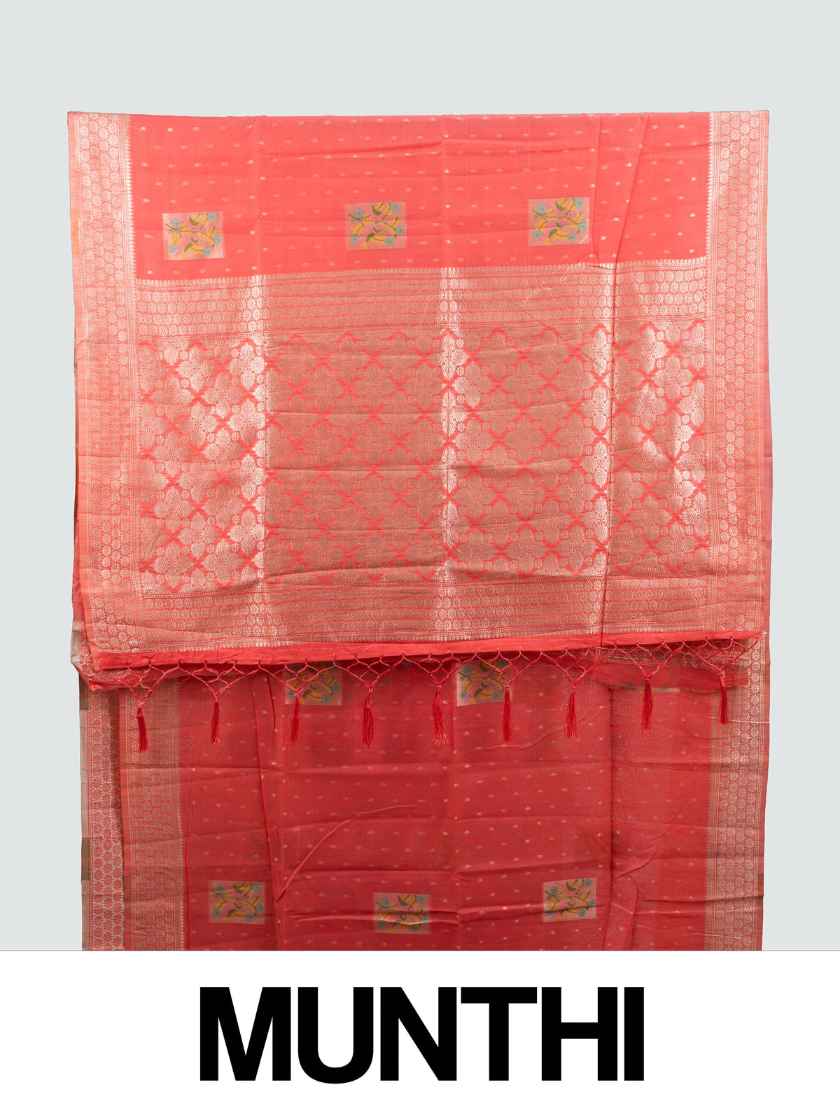 Coral linen cotton saree with silver zari border, floral butti motifs and trellis-work pallu