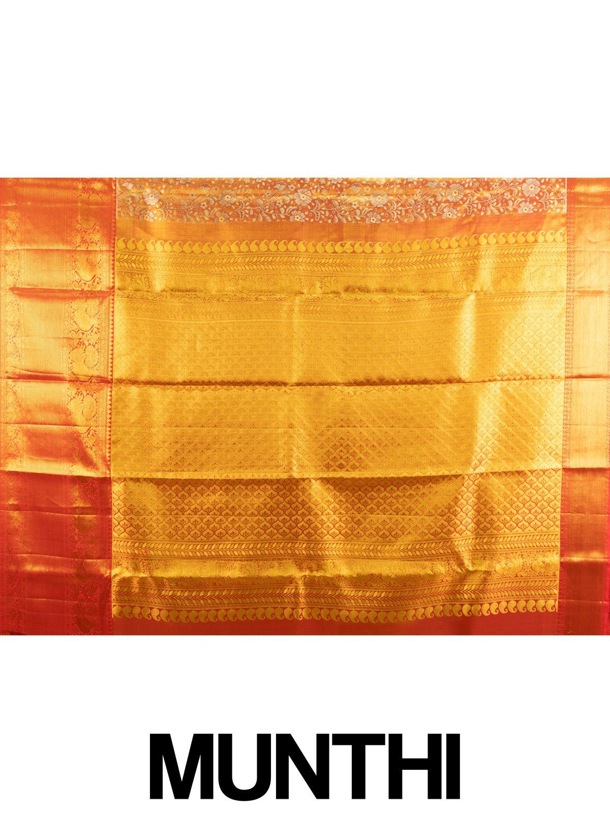 Mustard gold pure Kanchipuram silk saree with floral zari jaal body and contrast red gold zari border