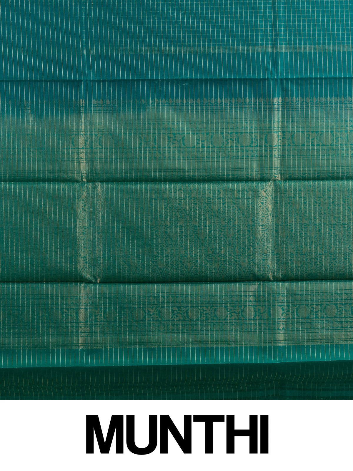 Teal green pure silk cotton saree with gold zari checks and contrast temple zari border