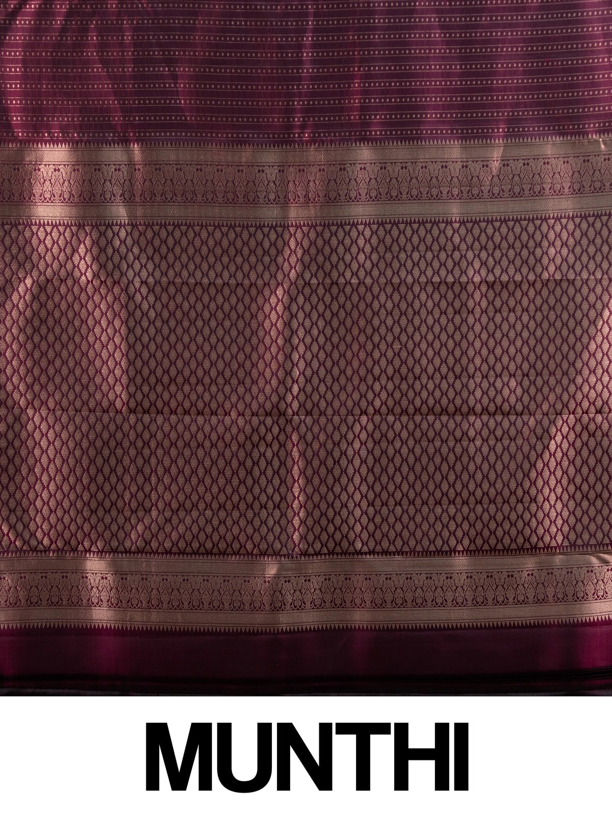 Wine purple pure Kanchipuram silk saree with gold zari striped body, contrast border and diamond jaali pallu