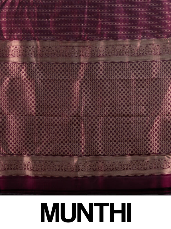 Wine purple pure Kanchipuram silk saree with gold zari striped body, contrast border and diamond jaali pallu