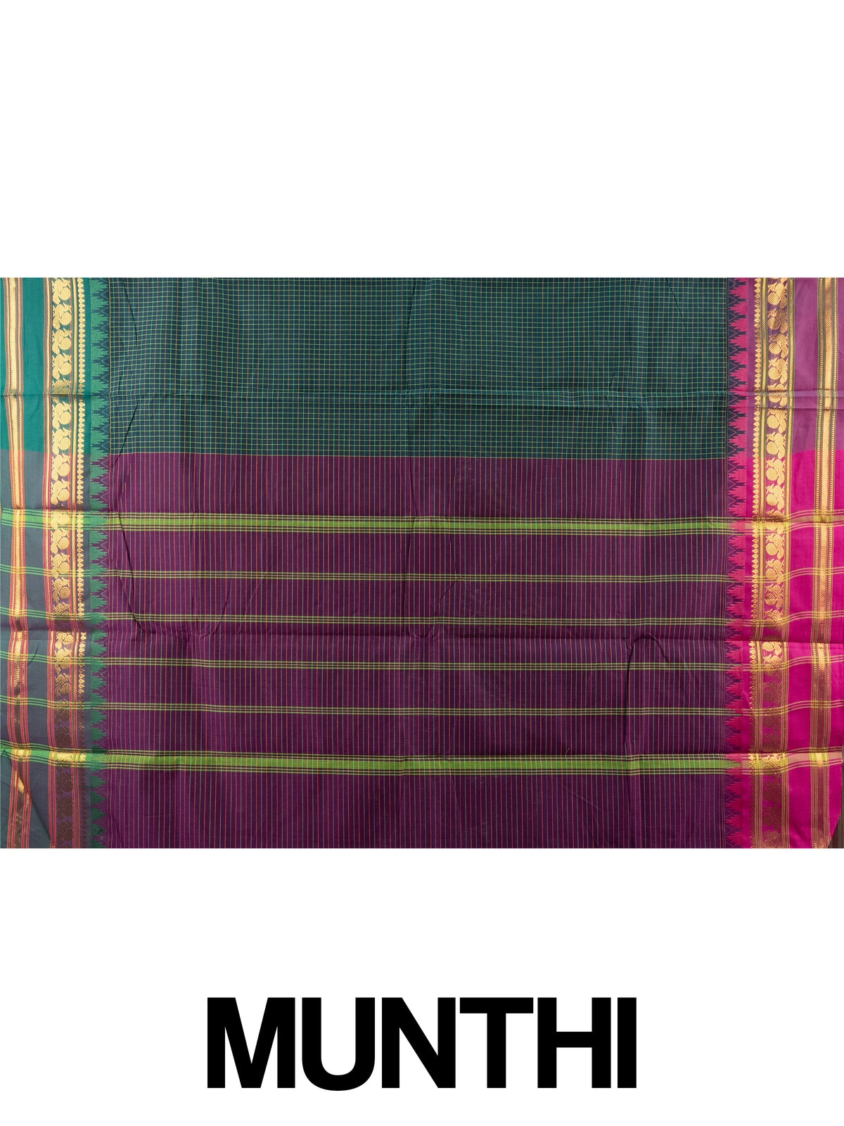 Dark green chequered Chettinad cotton saree with contrast magenta gold zari border and striped pallu