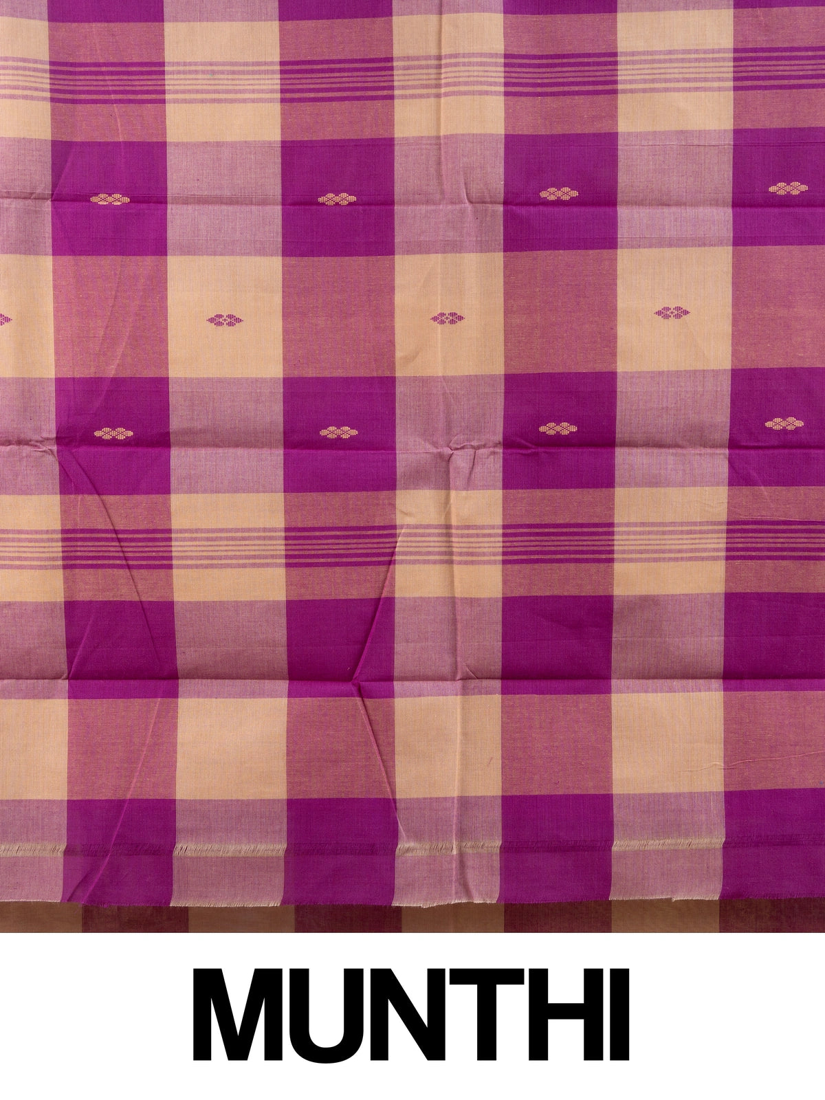 Purple and beige checked Chettinad cotton saree with contrast orange temple border