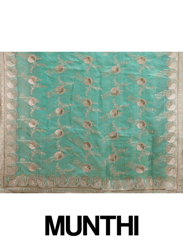 Sea green designer saree with gold zari floral embroidery and embellished scalloped border
