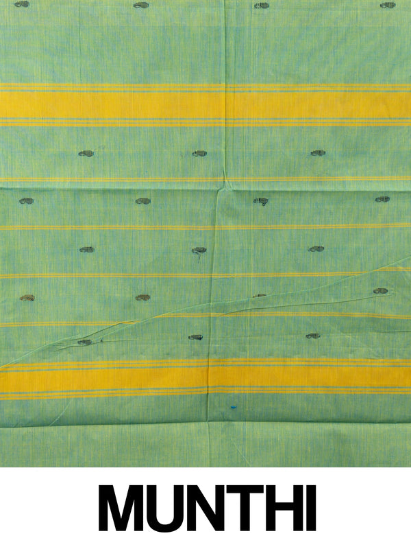Green Chettinad cotton saree with contrast purple gold zari border and striped pallu