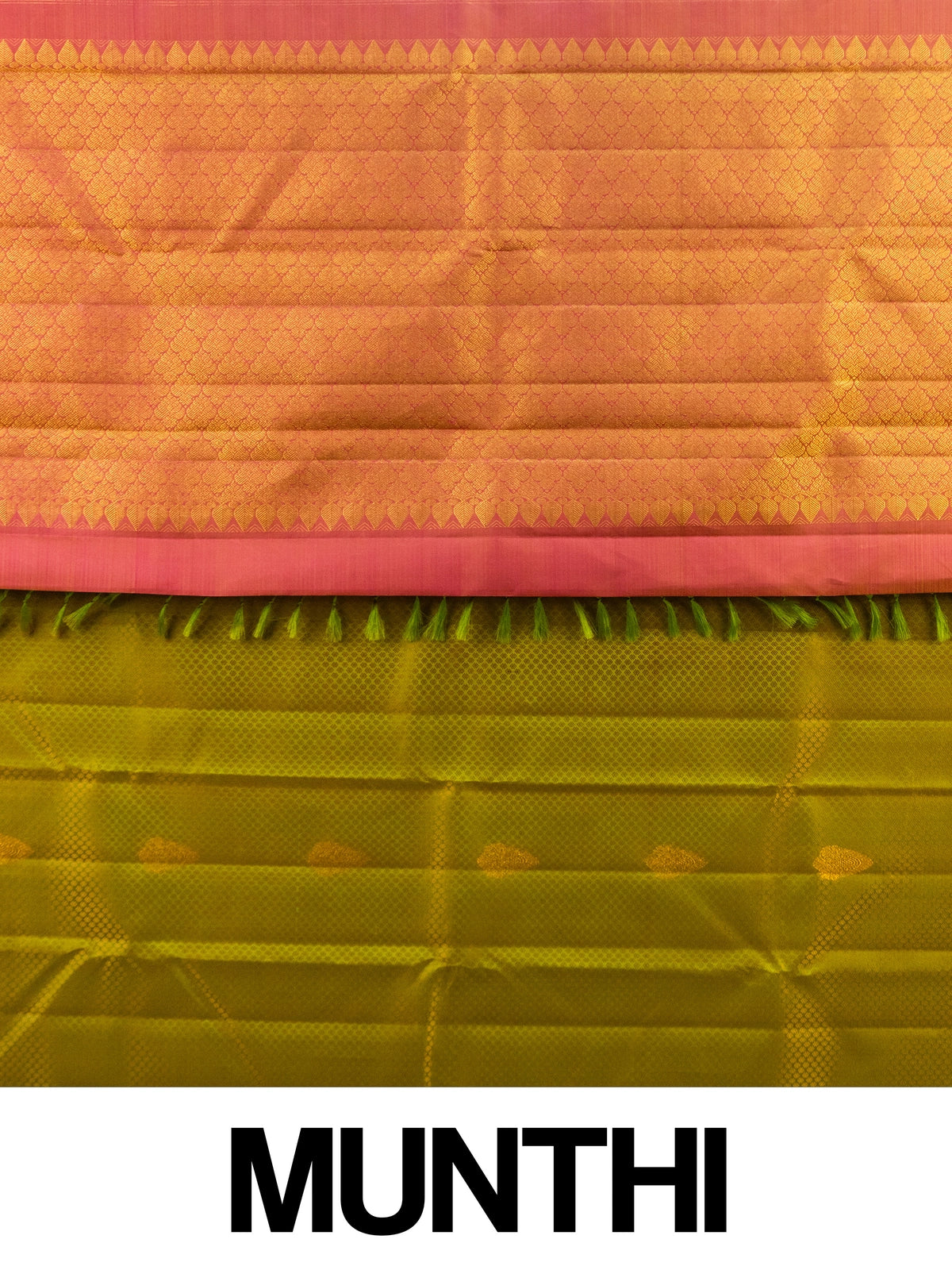 Mehendi green pure Kanchipuram silk saree with contrast pink gold zari border and pallu