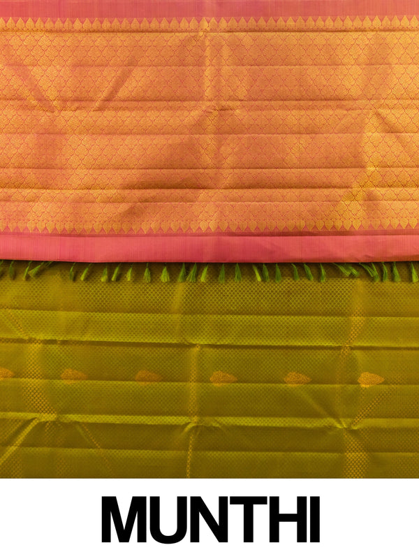 Mehendi green pure Kanchipuram silk saree with contrast pink gold zari border and pallu