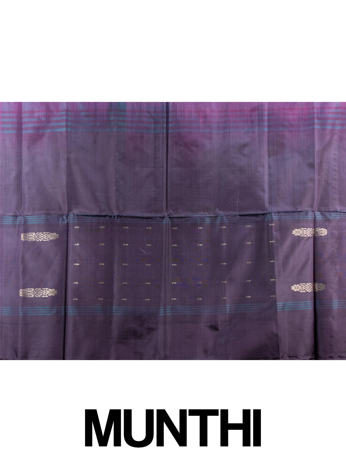 Purple and teal dual-tone banana silk saree with gold zari buttas and striped border