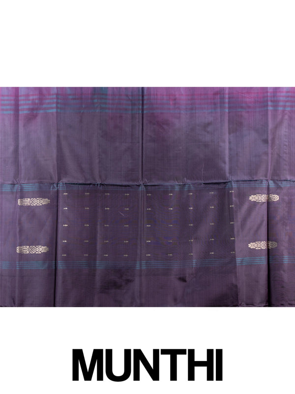 Purple and teal dual-tone banana silk saree with gold zari buttas and striped border
