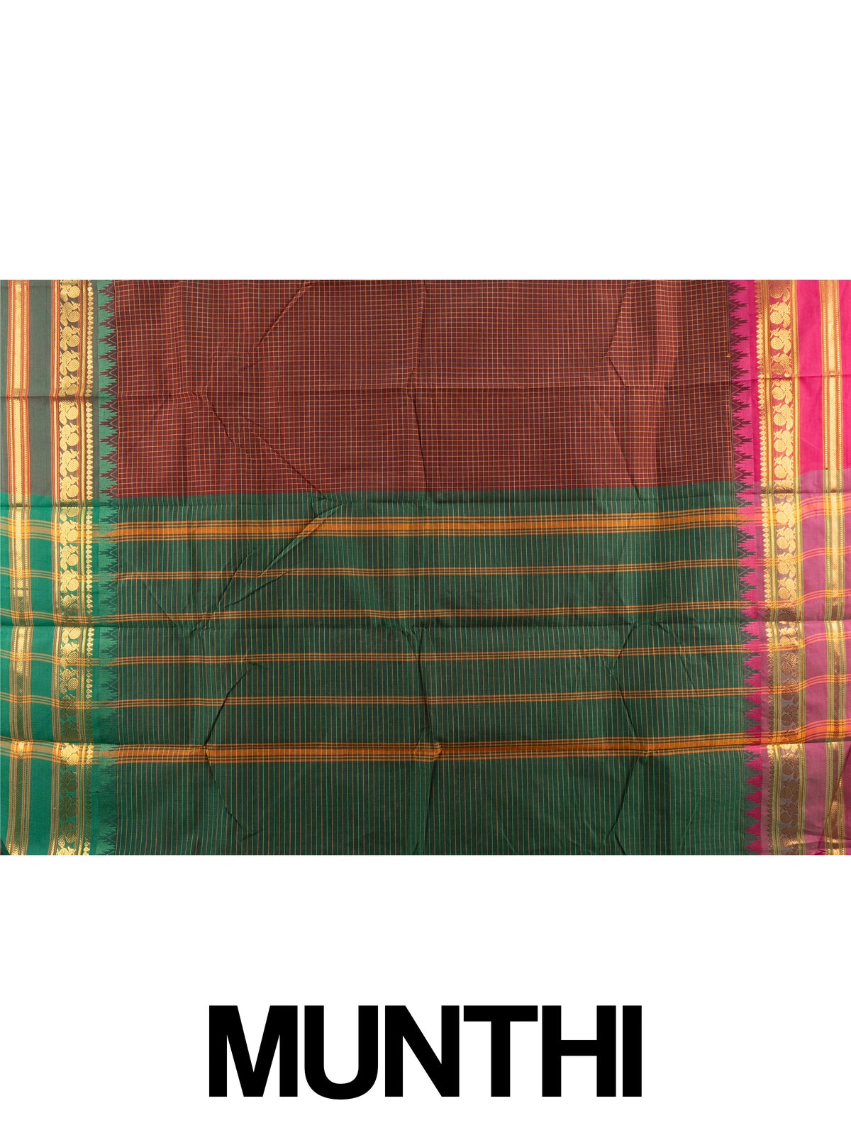 Maroon Chettinad cotton saree with fine checks, pink gold zari border and green striped pallu
