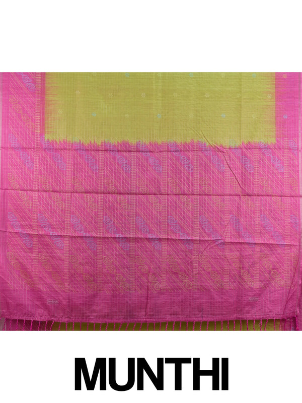 Lime green Dola silk saree with pink contrast border, zari checks and bandhani-inspired pallu