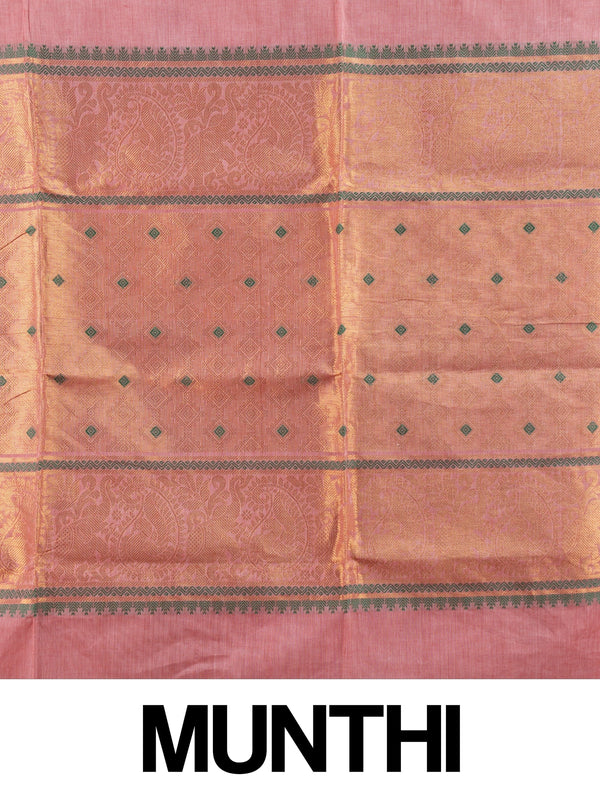 Pink Chettinad cotton saree with maroon gold zari border and woven buttas
