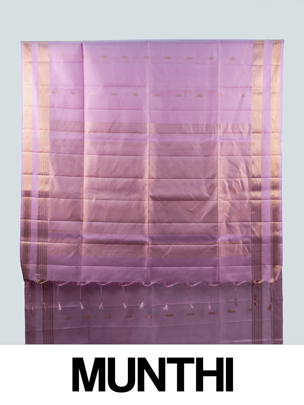 Lilac pink soft silk saree with gold zari border and striped zari pallu