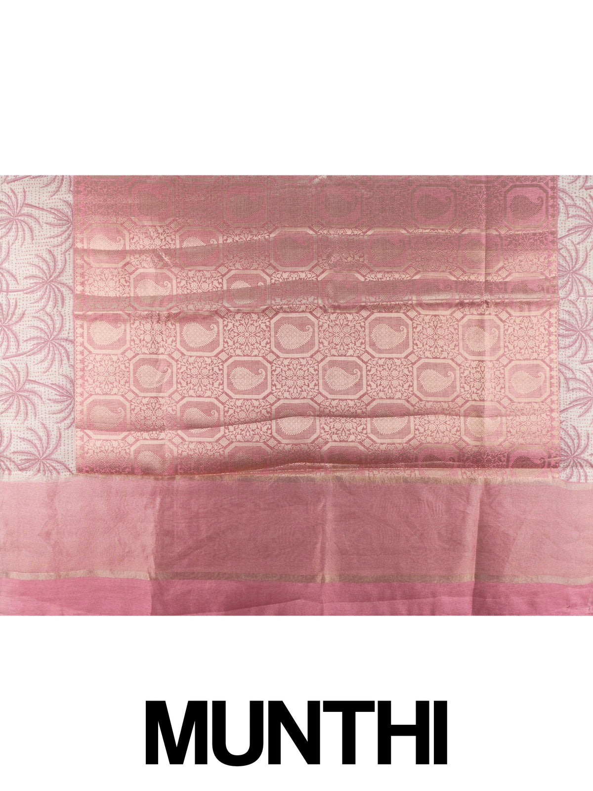 Pink and cream designer art silk saree with woven zari paisley body and contrast palm-tree printed border