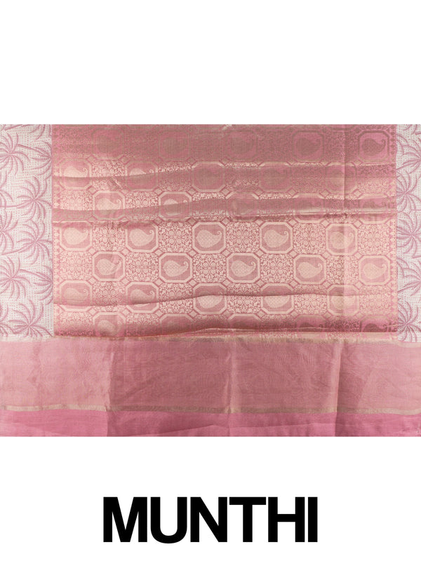Pink and cream designer art silk saree with woven zari paisley body and contrast palm-tree printed border