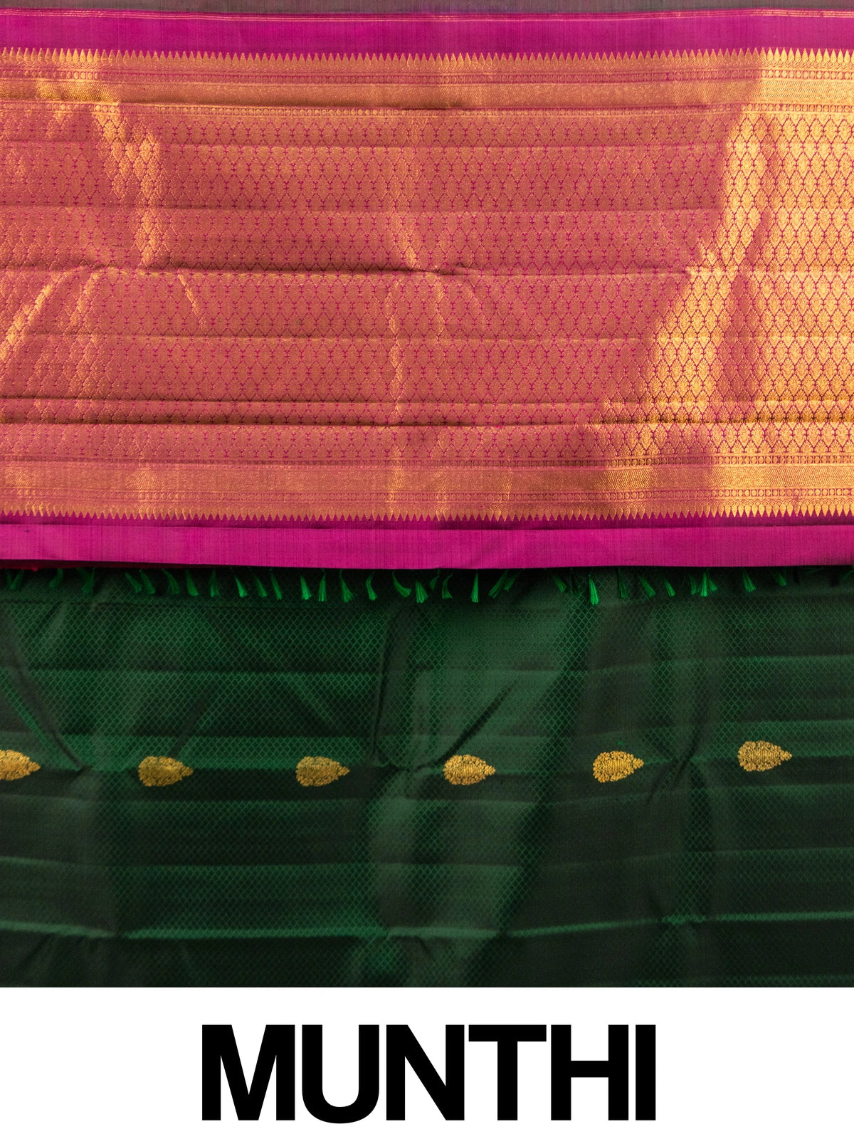 Bottle green pure Kanchipuram silk saree with magenta and gold zari contrast border and zari brocade pallu