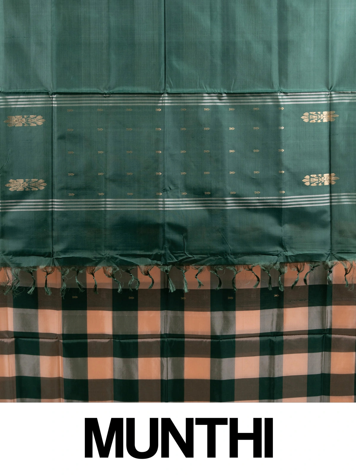 Green and peach checked banana silk saree with dark green zari pallu and border