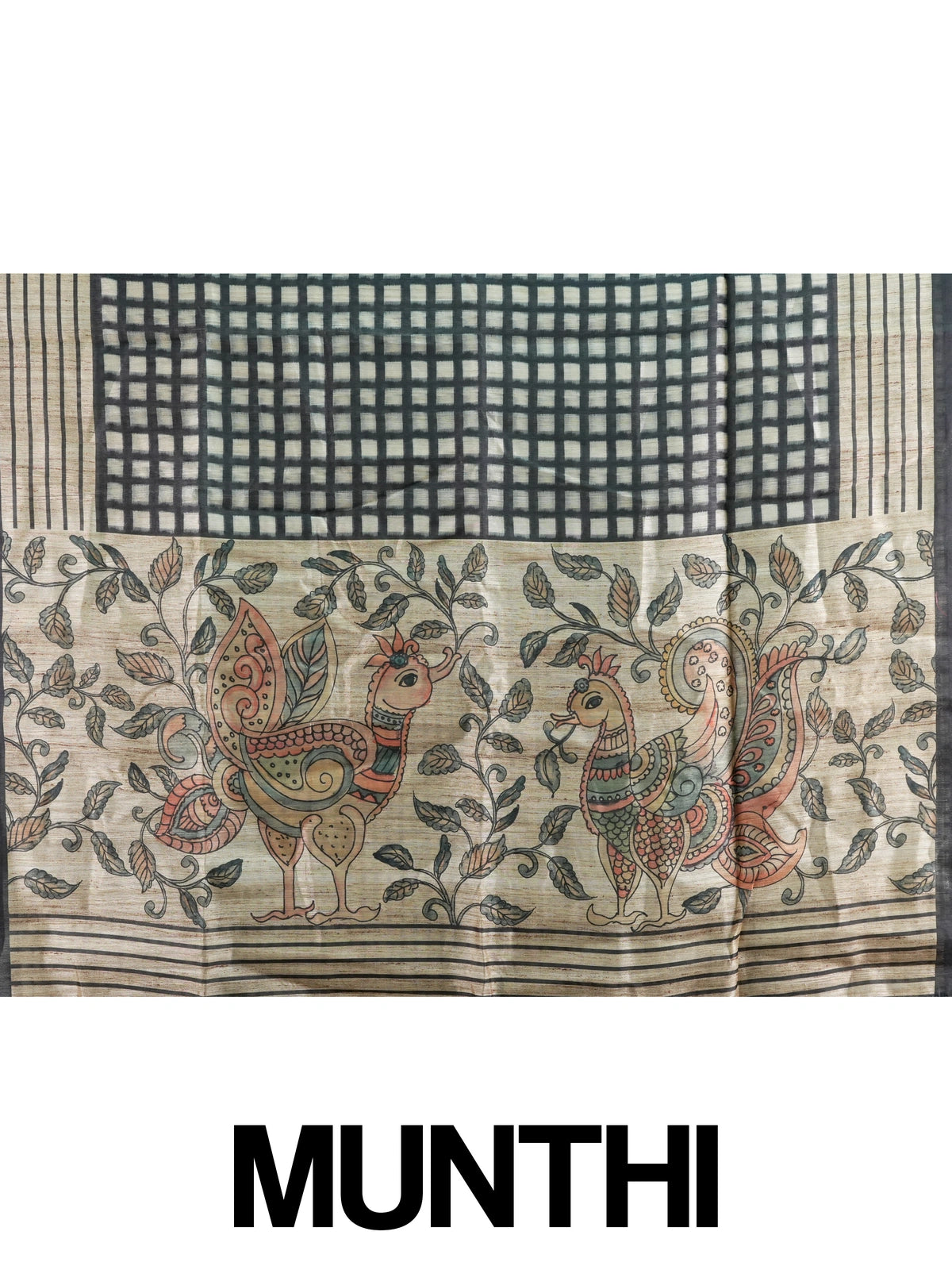 Beige and black checked semi tussar saree with black border and Kalamkari-style bird and floral pallu