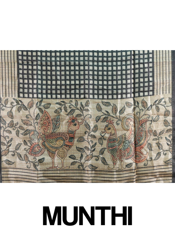 Beige and black checked semi tussar saree with black border and Kalamkari-style bird and floral pallu