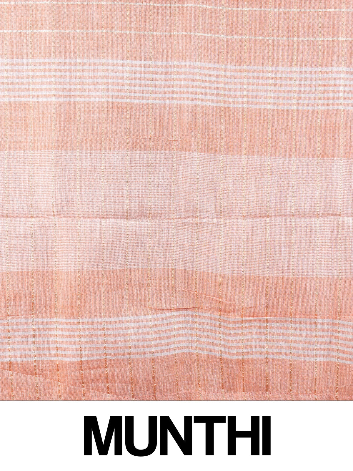 Peach linen cotton saree with white and gold zari checks and contrast striped border