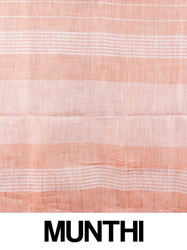 Peach linen cotton saree with white and gold zari checks and contrast striped border