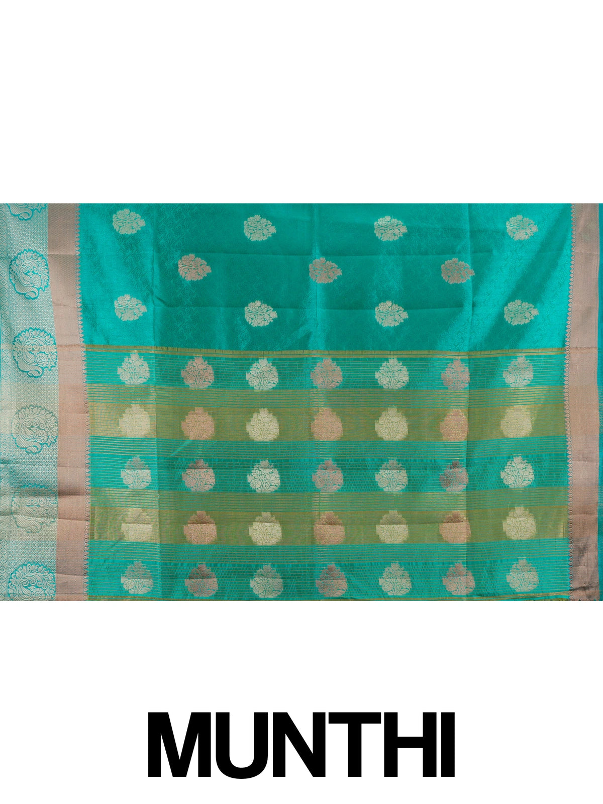 Teal green semi tussar saree with gold zari floral buttas and contrast zari border