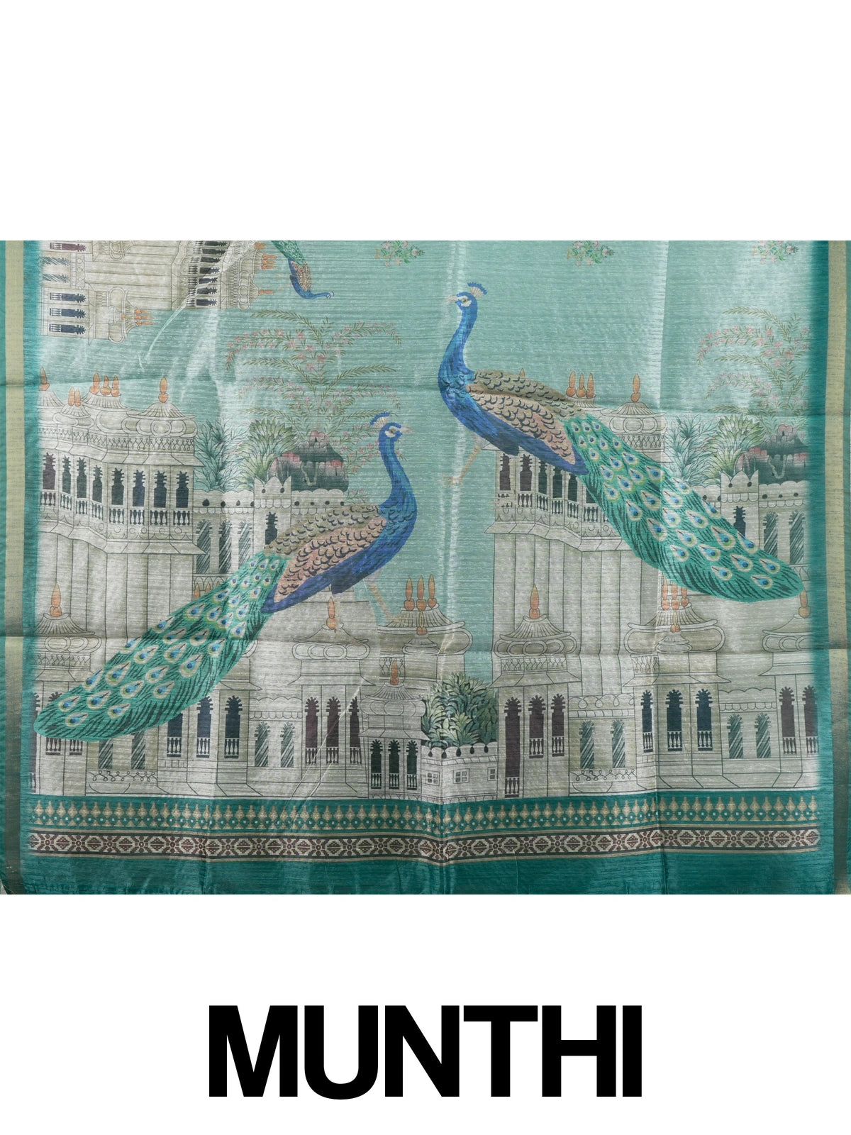 Sea green semi tussar saree with teal zari border and peacock palace printed pallu
