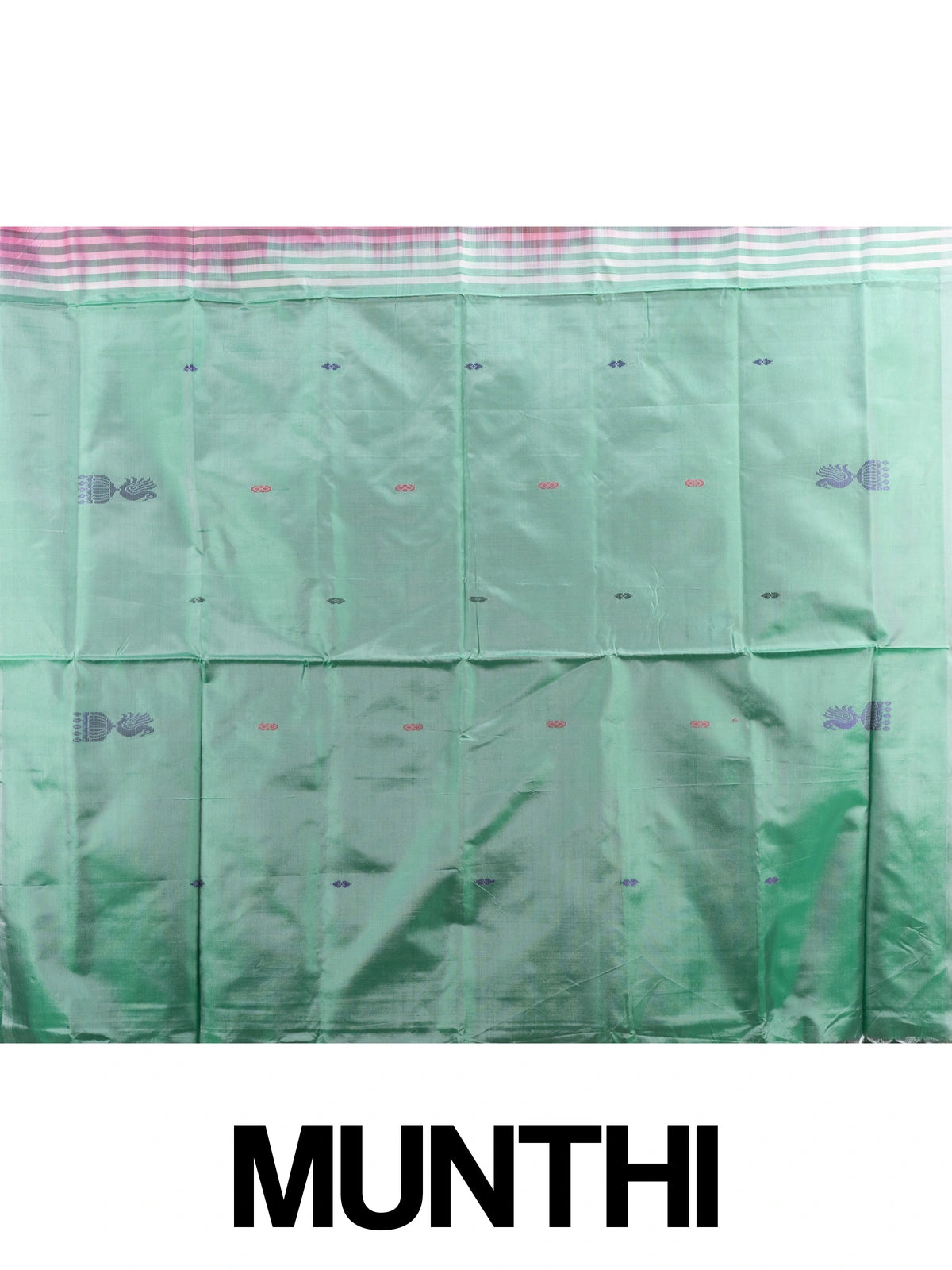 Pink banana silk saree with contrast green pallu and woven peacock motifs
