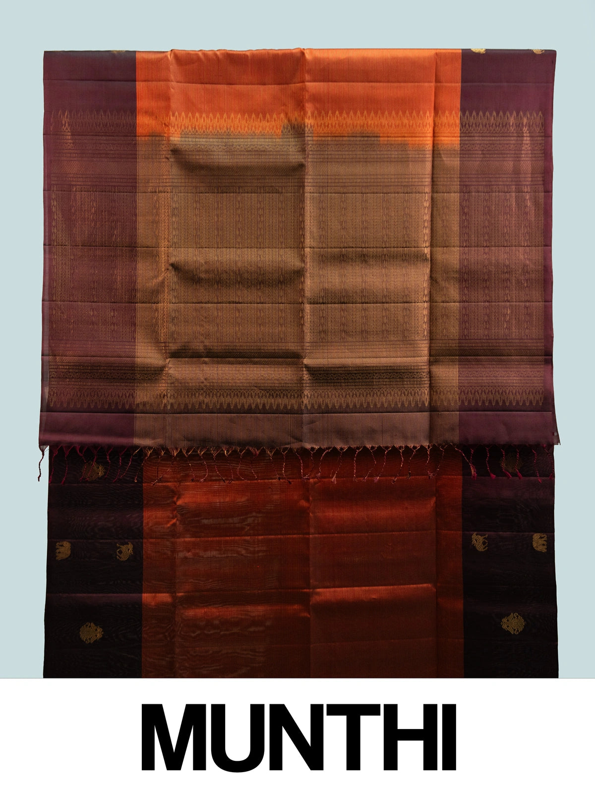 Wine purple pure soft silk saree with rust orange contrast border and gold zari butta motifs