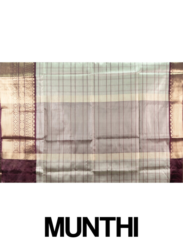 Sage grey checked Kanchi semi silk saree with contrast wine border and gold zari pallu