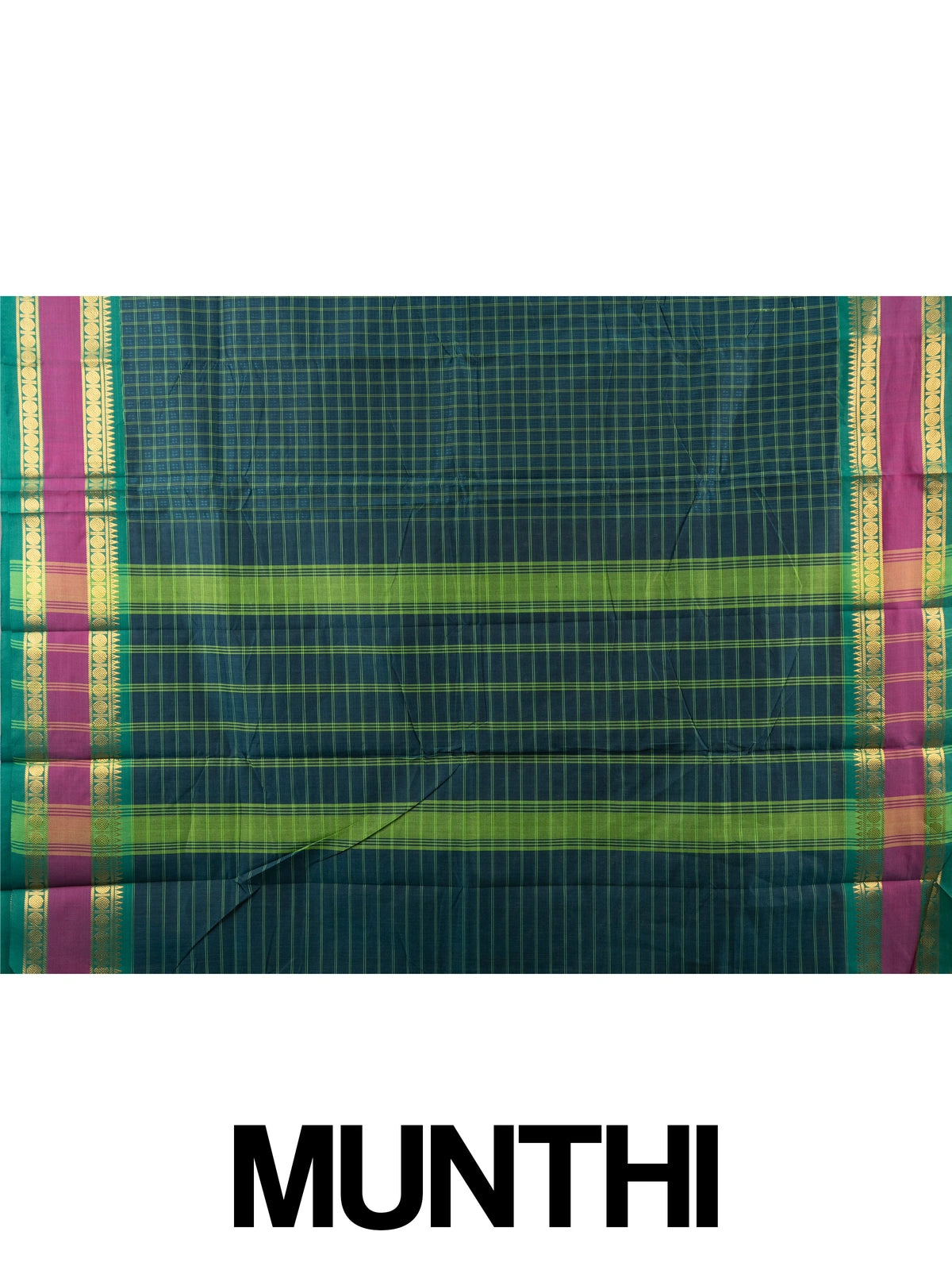 Teal green Chettinad cotton saree with checked body, magenta contrast gold zari border and matching pallu