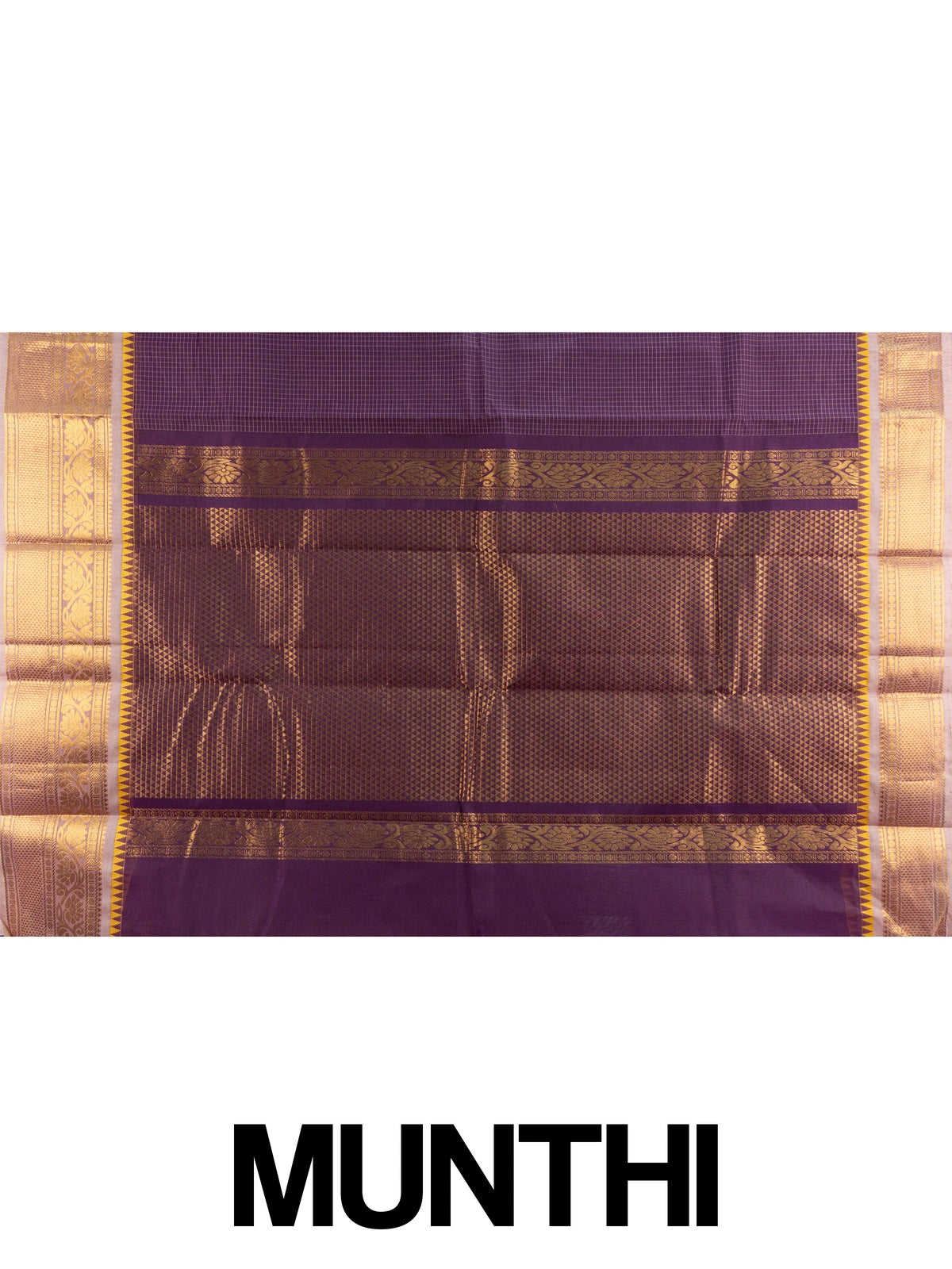 Purple Chettinad cotton saree with gold checked body and temple zari border