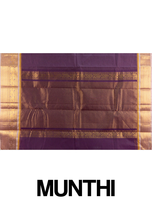 Purple Chettinad cotton saree with gold checked body and temple zari border