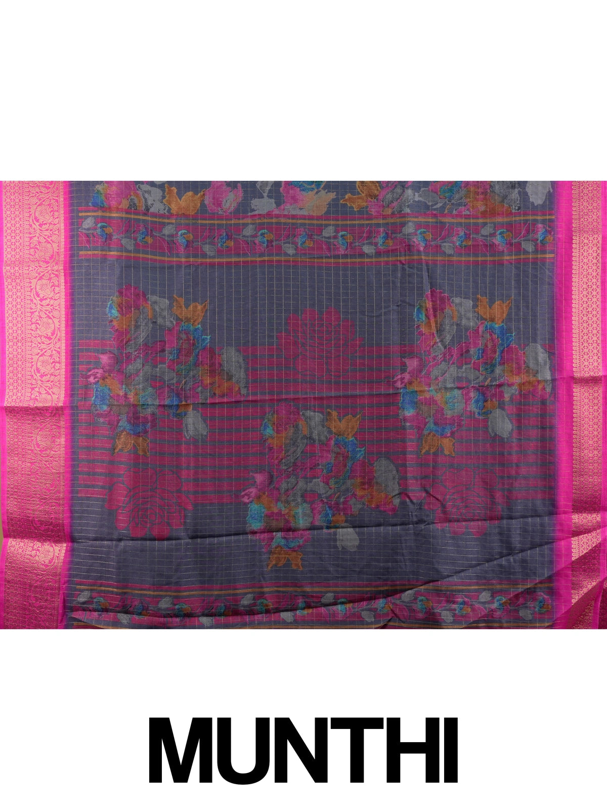 Grey-blue floral Dola silk saree with magenta pink gold zari border and contrast yellow blouse
