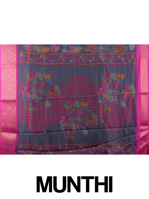 Grey-blue floral Dola silk saree with magenta pink gold zari border and contrast yellow blouse