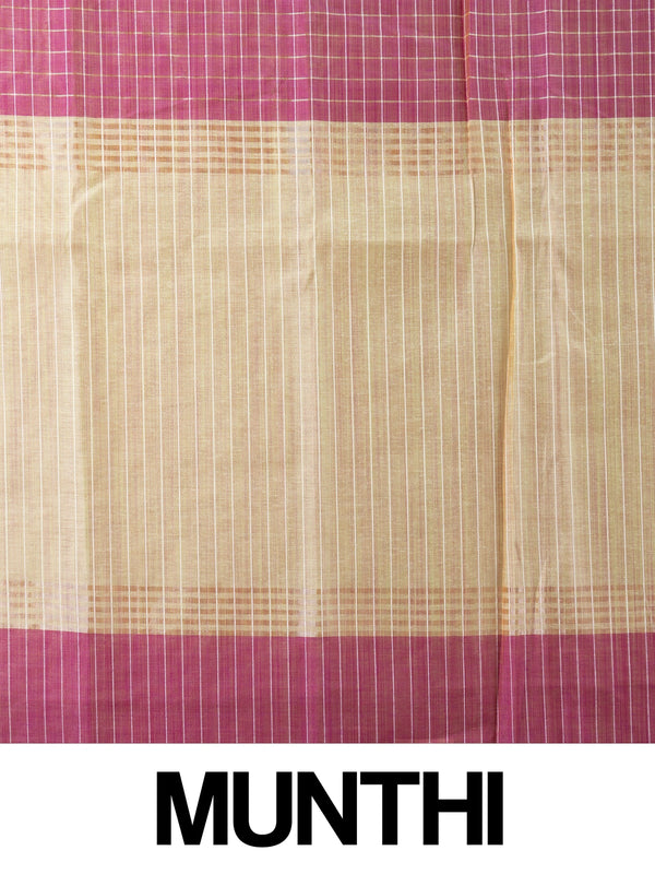 Magenta linen cotton saree with gold zari checks and contrast cream zari-striped pallu