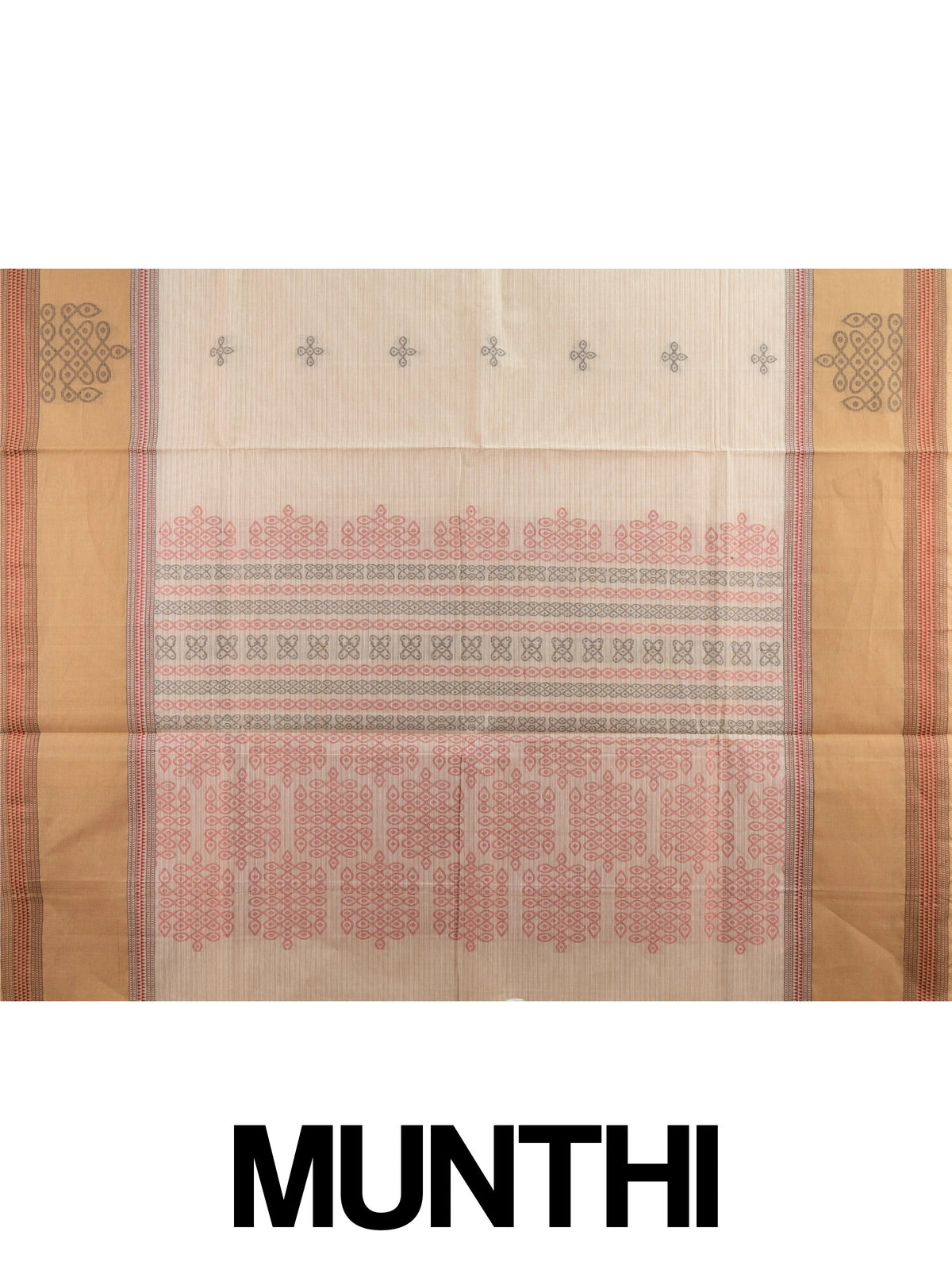 Beige and tan semi raw silk saree with contrast tan border and woven kolam motifs