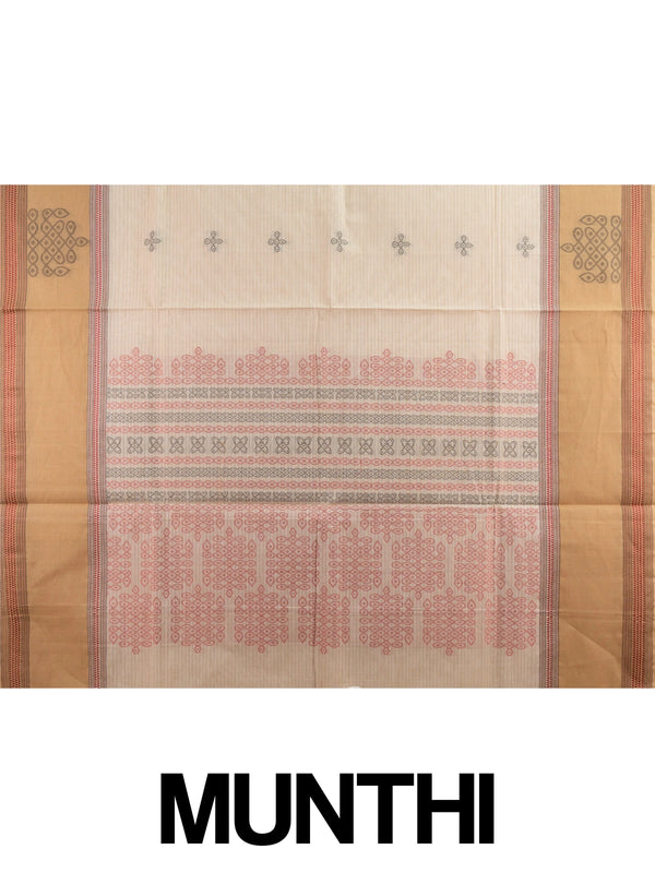 Beige and tan semi raw silk saree with contrast tan border and woven kolam motifs