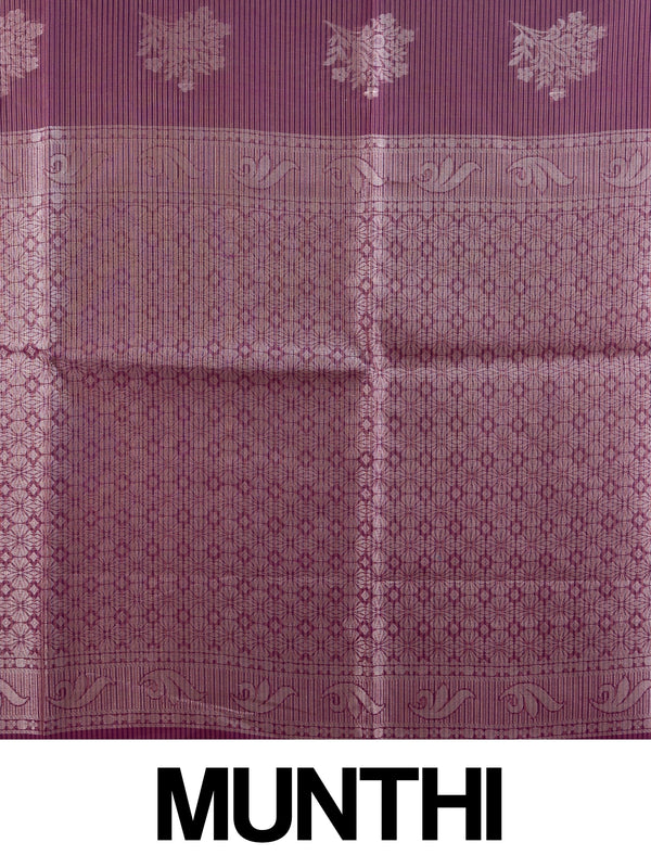Wine purple silk cotton saree with silver zari floral buttas, contrast border, and ornate zari pallu