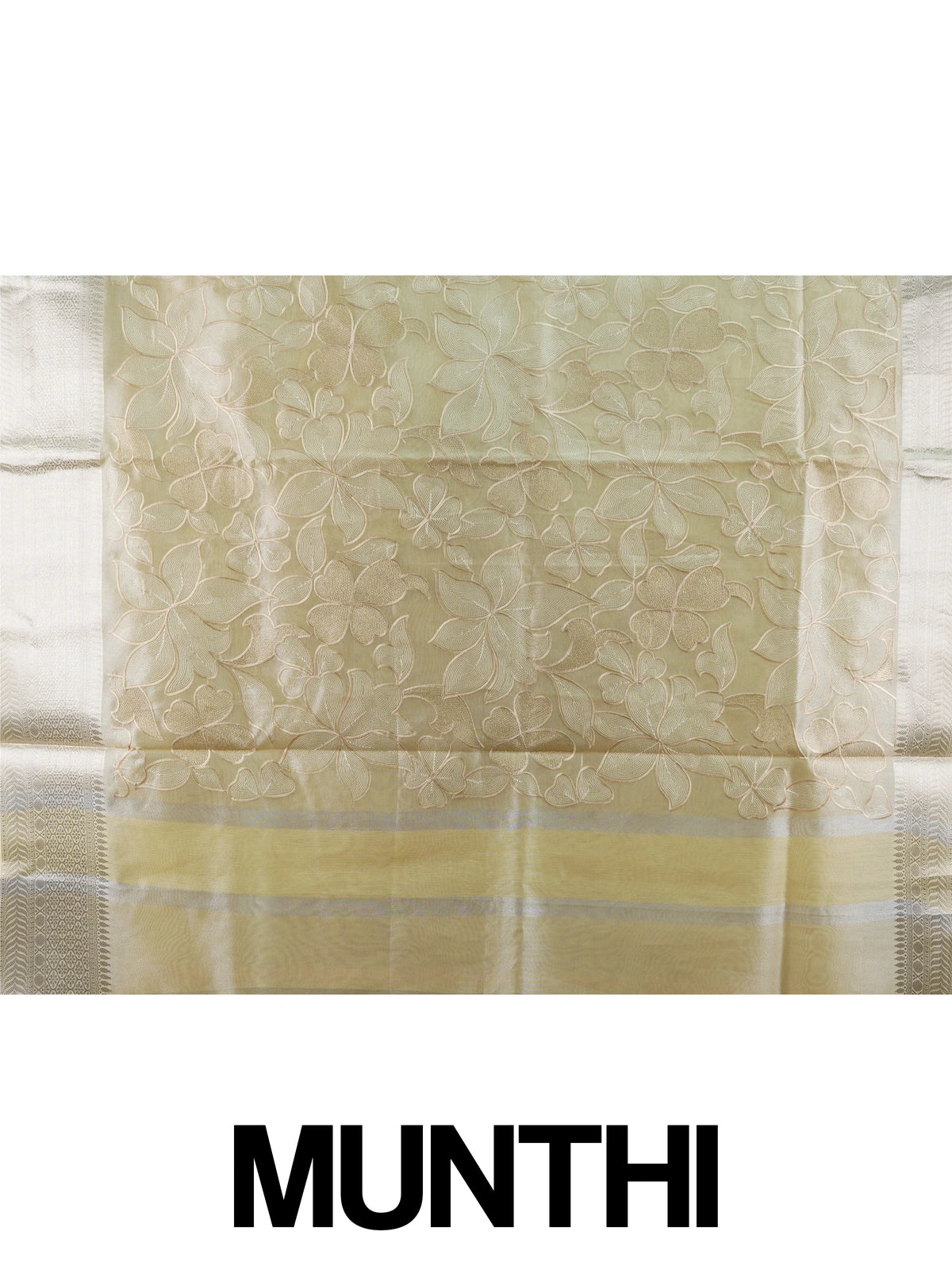 Cream tissue designer saree with floral embroidery and silver zari border