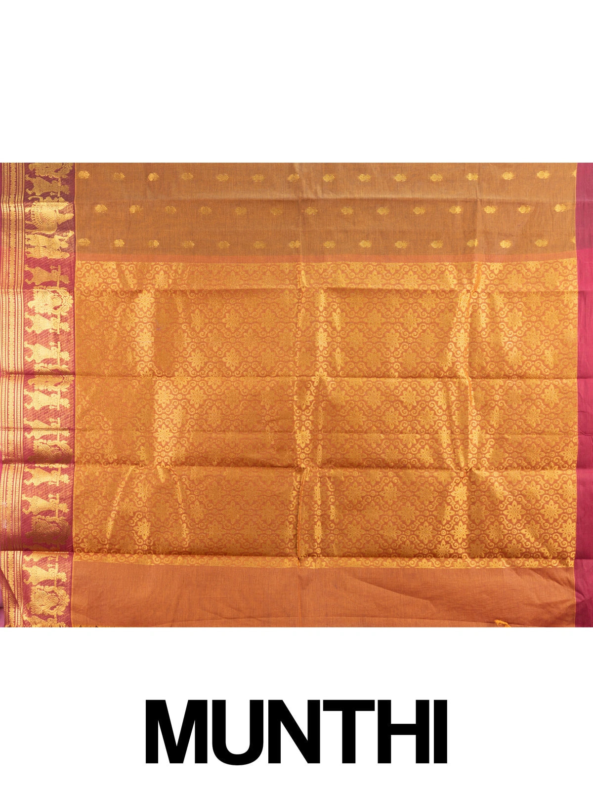 Mustard brown Chettinad cotton saree with maroon contrast border, gold zari buttas and woven pallu