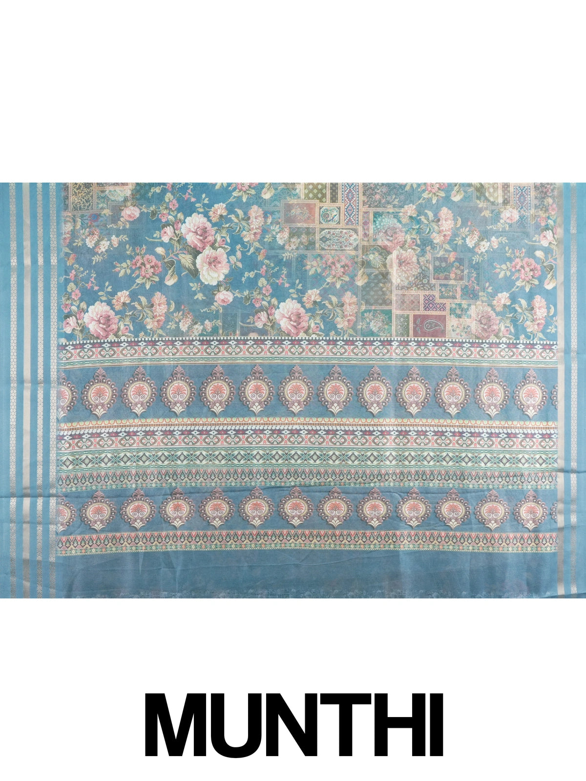 Steel blue designer saree with pink vintage floral print and zari border
