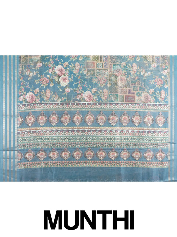 Steel blue designer saree with pink vintage floral print and zari border