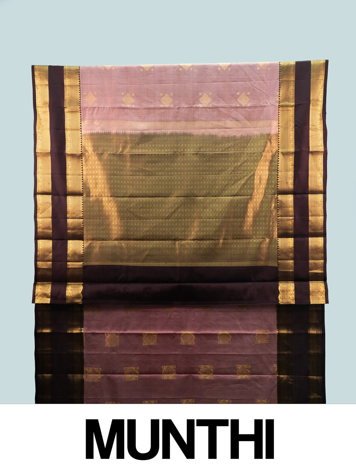 Onion pink pure Kanchipuram silk saree with checked body, gold zari buttas and contrast maroon zari border