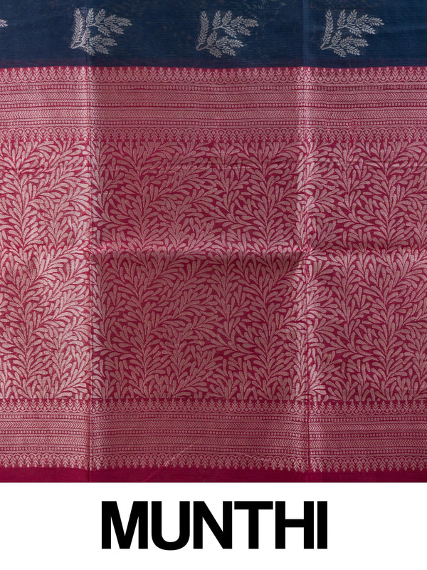 Navy blue silk cotton saree with silver butta motifs and contrast maroon pallu and border